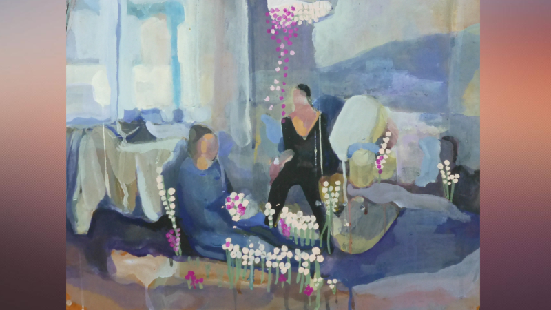 A watercolor painting of two women sitting in a room.