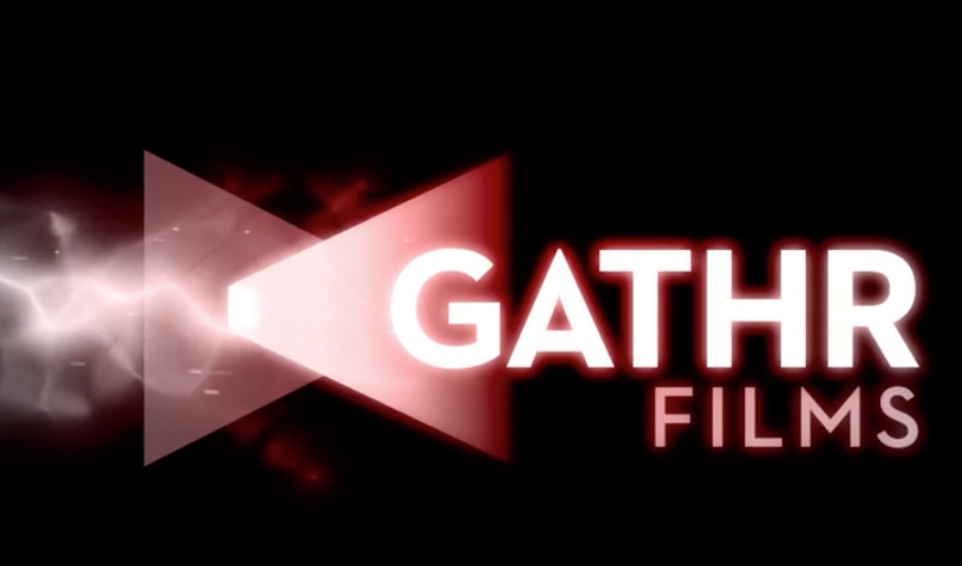 Logo for Gathr Films. Against a black background, a row of white and red gradated triangles with a lightning bolt, and the words “Gathr Films”.