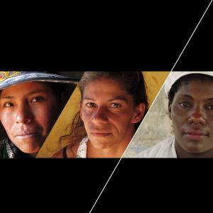An image from the New Day film Disruption. Three separate headshots of Latin American women of various ethnicities. The images are placed side by side and are divided by sharp diagonal lines. They look boldly into the camera without smiling.
