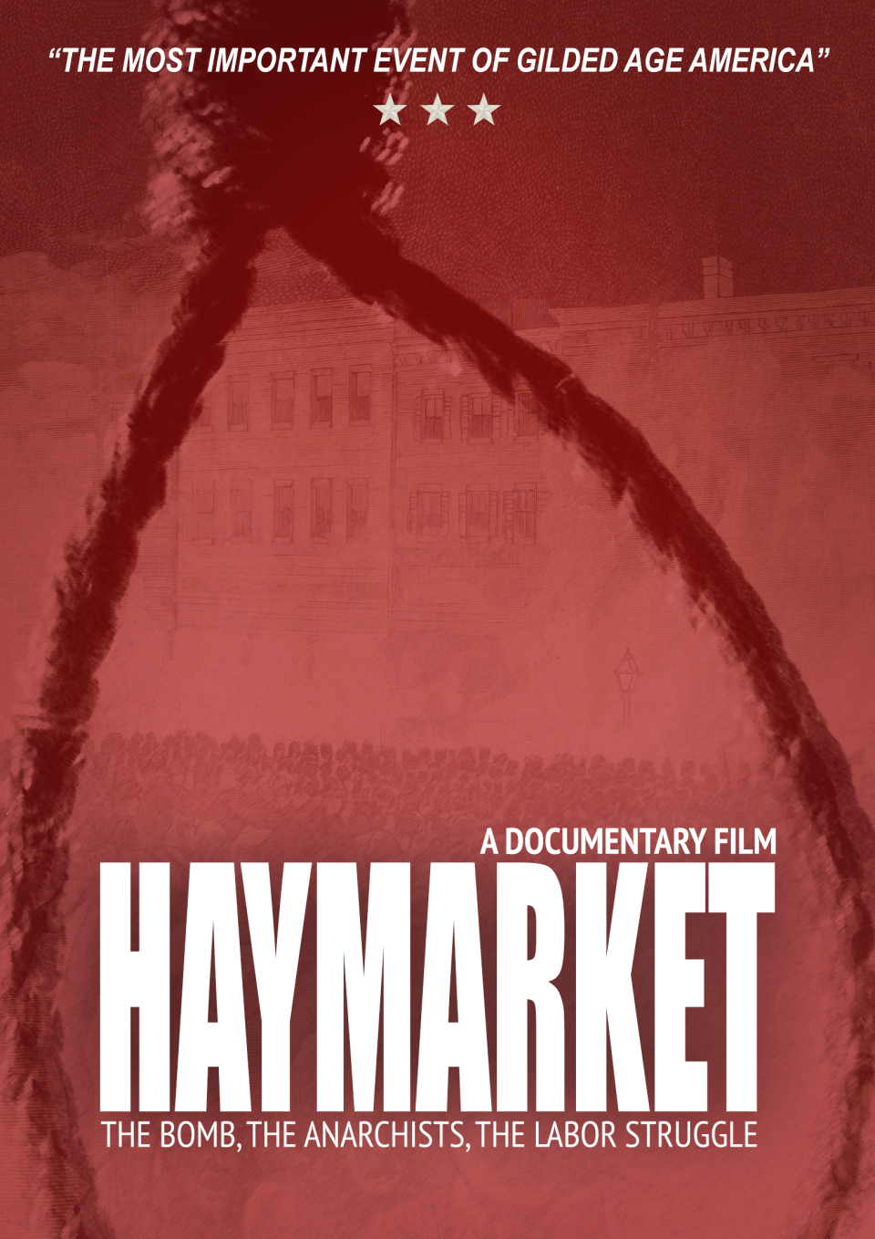 The image is filtered with red, a noose in the foreground a blurred out building in the background with the title of the film in big bold white letters at the bottom of the image. 