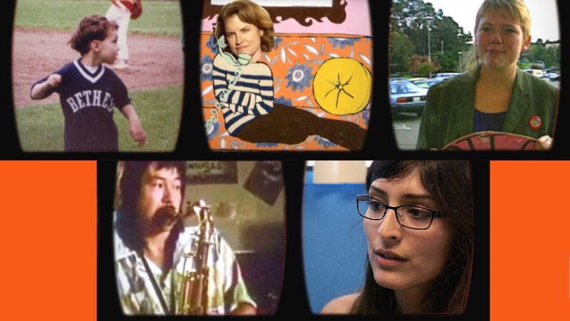  Collage of 5 photos, a young boy with cerebral palsy in baseball uniform, a woman's head on top of a cartoon body, a young woman in a green blazer holding boycott sign, a man playing saxophone, a woman with glasses.