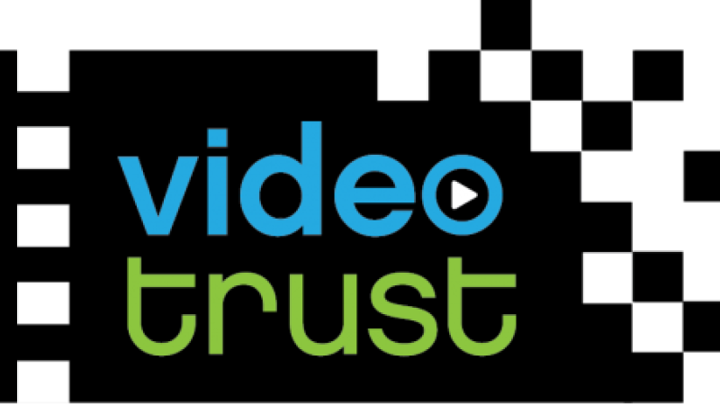 Black and white rectangle with the words "video trust" in  blue and green.