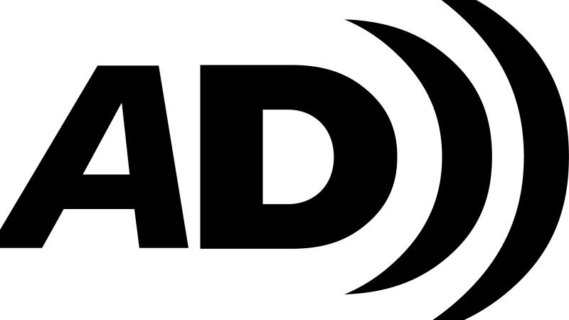 Logo for Audio Description has the letters A and D with arcing lines radiating off the D like sound waves.