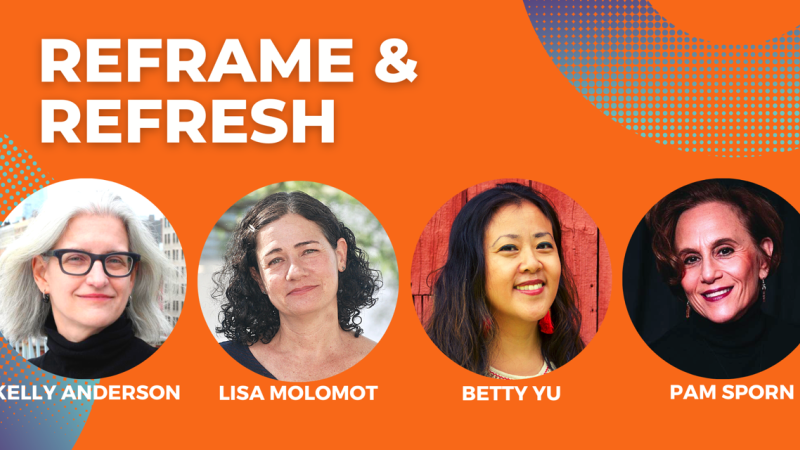 Flyer for Reframe and Refresh Thursday Feb 23, 2023 2:00pm EST Examining Films on Resistance Movements. Image has an orange background and portraits of four women Kelly Anderson, Betty Yu, Lisa Molomot, Pam Sporn