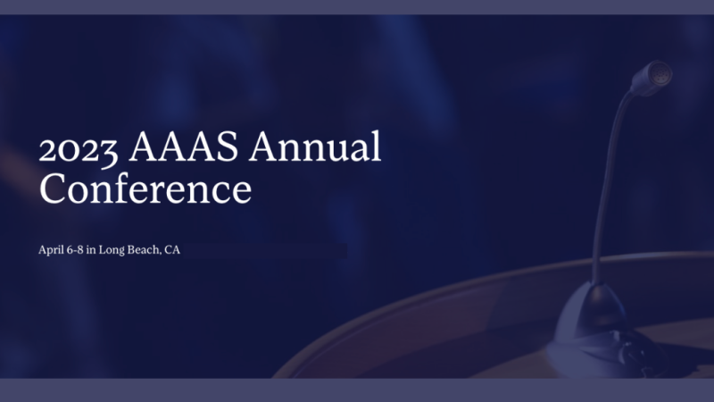 20223 AAAS Annual Conference april 6-8 in Long beach, ca over dark blue background with image of podium microphone