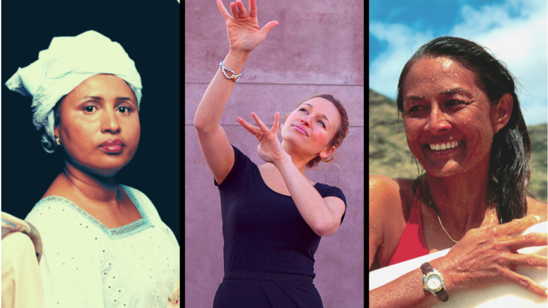 portraits of 3 women. An African woman wearing a white headdress and white blouse, an Israeli woman with her hands raised up wearing a black top, and a Hawaiian woman with water drops on her face holding a surfboard