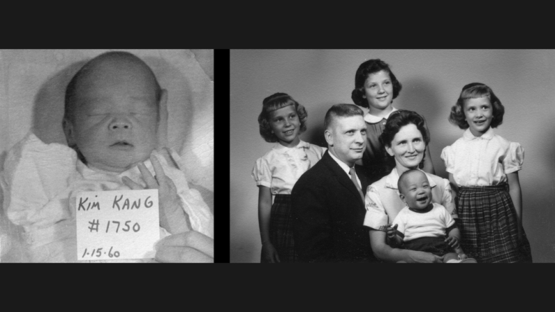 Black and white image comprised of two images. There is a baby on the left side and a 5-person family on the right side.