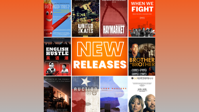 Ten film posters arranged in a square around white text on an orange background that reads NEW RELEASES.