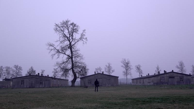 A bleak wintery outdoors scene featuring three buildings with a figure looking at the buildings, and a leafless tree.