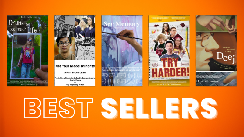 Orange background with five posters and the text BEST SELLERS