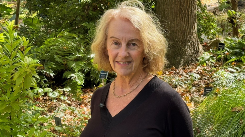 Joanne Hershfield, a woman with bright blond hair and wearing a v-neck black blouse, stands in a wooded area, smiling at the camera.