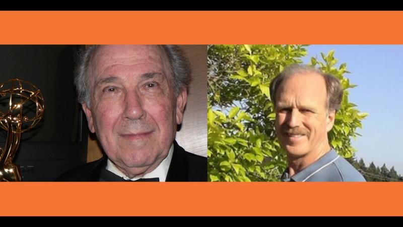 A photo of Robert Richter in a tuxedo, smiling with an Academy Award statue next to a photo of Richard Tony Cox, standing outside by trees on a sunny day. Their photos are placed against a background of New Day Films orange and black.