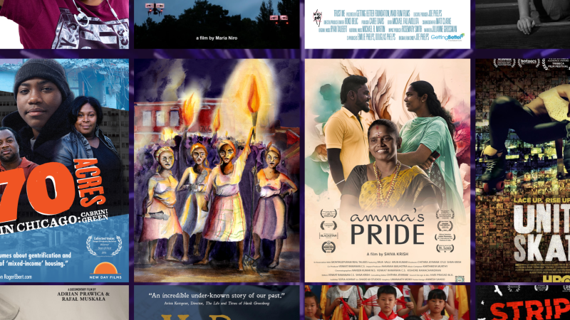 This image shows a collage of New Day documentary film posters, including 70 Acres in Chicago: Cabrini Green, Amma’s Pride, United Skates, and several others, featuring portraits, illustrations, and scenes that highlight diverse communities and social issues.