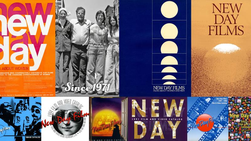 A montage of nine New Day Films posters and catalogue covers from 1971 through the 2000s, and one black and white photo of the founders: Liane Brandon, Jim Klein, Julia Reichert, and Amalie Rothschild. They pose for the camera, smiling, with their arms around each other’s shoulders.