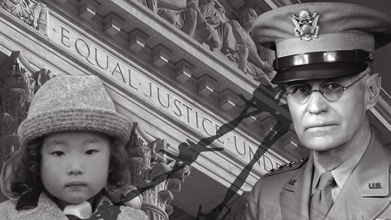 A black and white collage showing a very young Japanese-American child and a white U.S. military officer set in front of the United States Supreme Court building and separated by barbed wire. Visible on the building, "Equal Justice Under….”