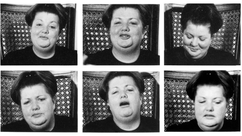 A composite image made up of six black and white photos of the same person. She is round-faced and light skinned with arched eyebrows and short dark hair pulled back in a barrette on top of her head. In each photo she has a different expression.