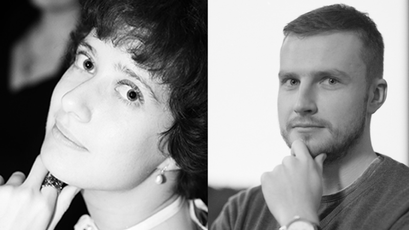 Two black and white headshots are joined together. On the left, Filmmaker Olga Lvoff looks up at the camera with a slight smile. On the right, Filmmaker Victor Ilyukhin looks at the camera, his hand resting on his chin.