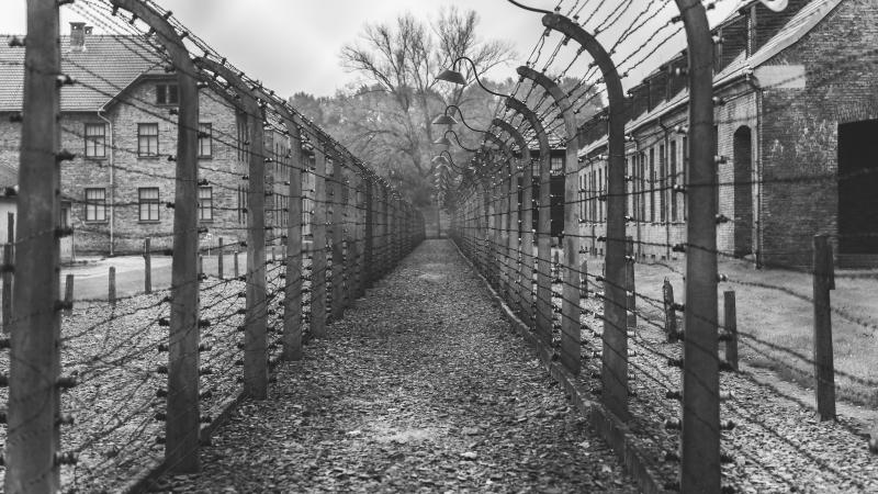 Black and white photo looking down a long, narrow corridor created by Nazi concentration camp barbed wire fencing. Beyond the fencing, on one side, a gas chamber.