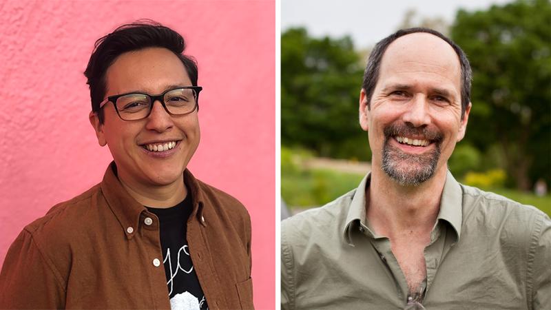 Headshots of Nat Ruiz Tofano, a multiracial filmmaker, and Todd McGrain, a white filmmaker, smiling for the camera.