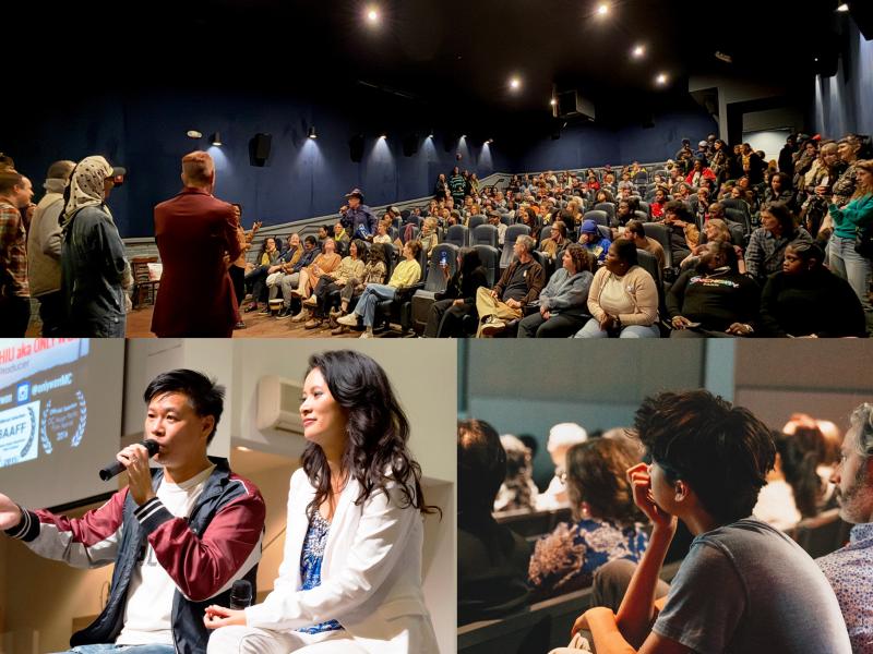 Three photos of New Day filmmakers presenting to packed audiences at film screening events.