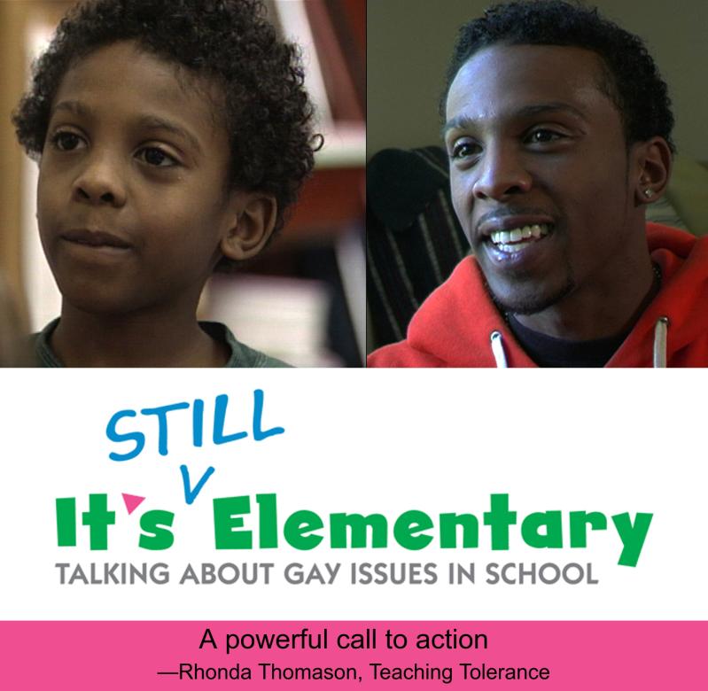 Two photos next to each other of the same person as a young Black child and then as a young man wearing an orange hoodie. Text reads: It’s Still Elementary Talking about Gay Issues in School. The word Still looks like it was inserted into the title. At the bottom on an orange banner it says A powerful call to action. Rhonda Thomason Teaching Tolerance.