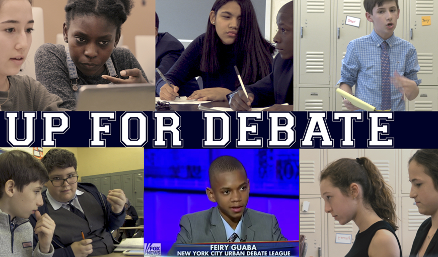 This six panel image features shots of diverse middle and high school students who are engaged with the New York City Urban Debate League. In the middle of the panel are the words Up For Debate.