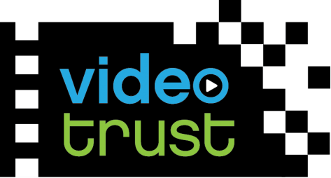 Black and white rectangle with the words "video trust" in  blue and green.