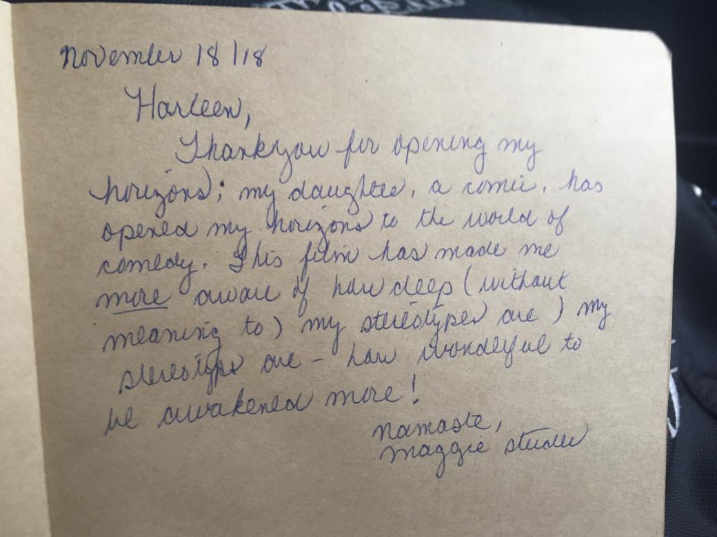 Handwritten note from an audience member to filmmaker Harleen Singh.