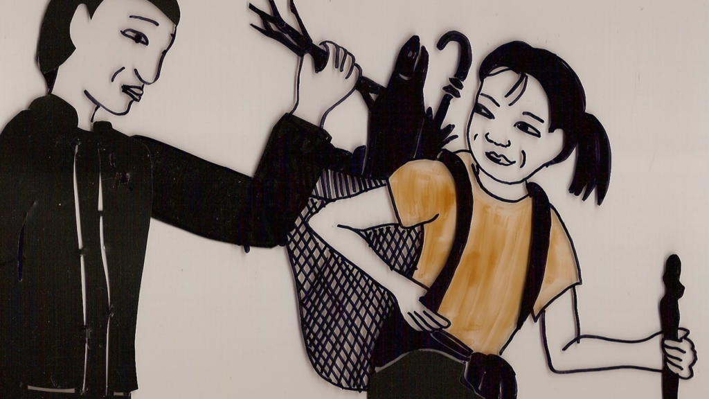 A drawing to illustrate the film Men are Human, Women are Buffalo. A Thai man is pulling long black objects from a Thai woman's backpack. She watches him pull out the objects. She's holding a walking stick.