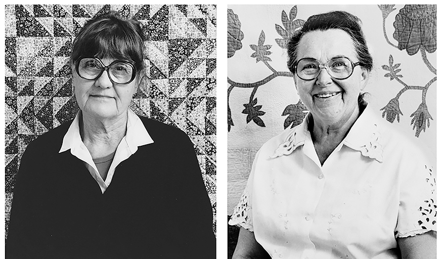 This dated black and white image from the early 80s image consists of two snapshots side by side. Two middle-aged women in large glasses appear in front of homemade quilts. The quilt on the right has a triangular pattern, while the one of the left features flowy flowers and stems.