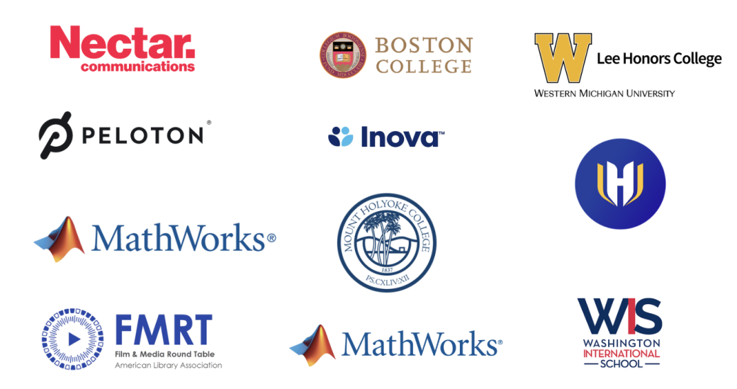 Logos for: Peleton, FMRT, MathWorks, WIS, Boston College, Lee Honors College,  Inova, Mount Holyoke College