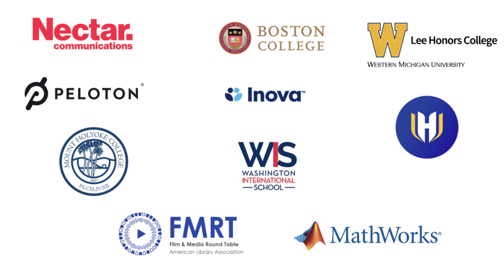 Logos for: Nectar, Peleton, FMRT, WIS, Inova, Boston College, Lee Honors College, Mount Holyoke College, Mathworks