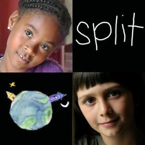The image is divided into four squares. The top left and bottom right both have images of a young child, each tilting their head slightly and looking into the camera. In the top right corner is a black background with the word “split” written in lowercase white letters. The font is slightly imperfect as if it were handwritten. In the bottom left corner is a child’s drawing of a globe. There are two houses sticking out of different parts of the globe.