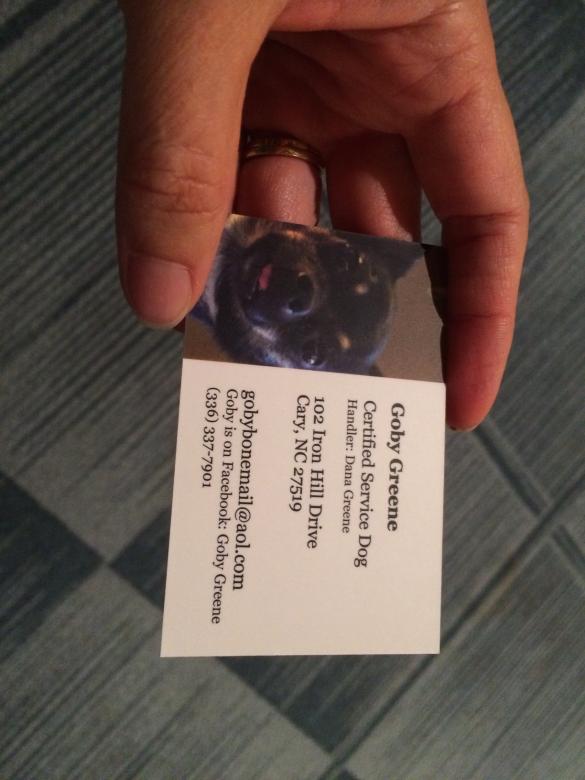 A business card with a picture of the small dog’s face. The card reads, “Goby Greene, Certified Service Dog” in black text. Then address, email, phone number, and Goby’s Facebook handle.