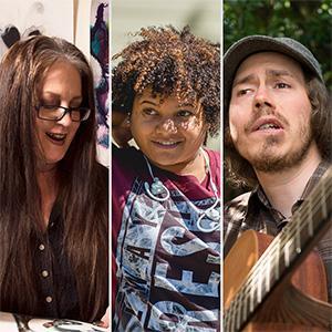A composite of three images: a white woman with long dark hair and glasses, looking downward, smiling and holding a painting; a mixed race woman with springy curls that frame her face, smiling, wearing a colorful shirt with earbuds around her neck; and a white man with a light beard and longish hair and a gray cap, singing and holding a guitar.