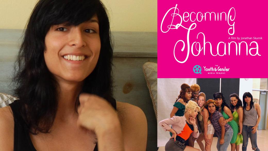 A composite image with a photo on the left of a Latina teenage trans girl. On the upper right is a pink rectangle with loopy writing that says Becoming Johanna. Below that is a picture of Johanna with a group of other trans women of color.