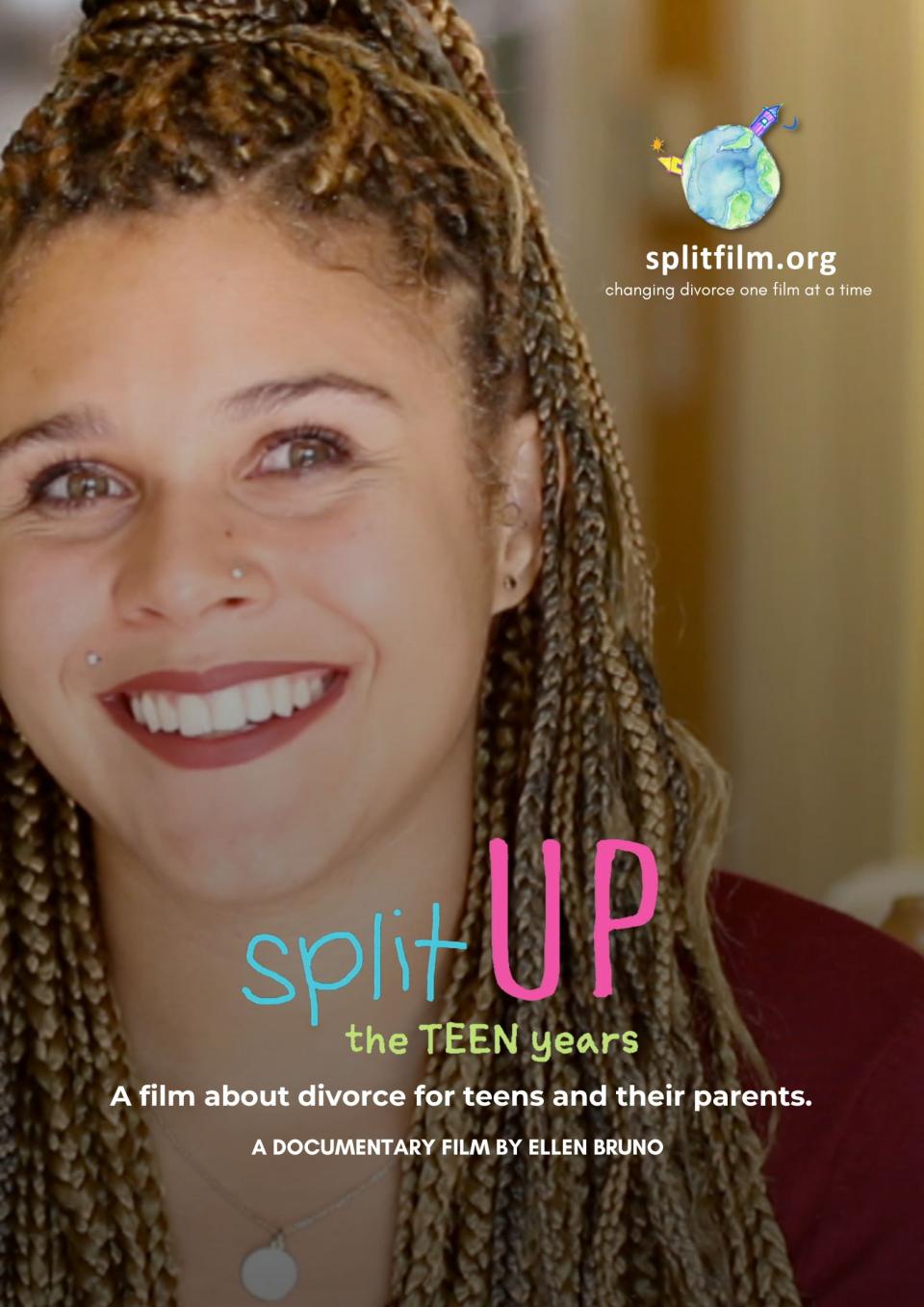 Smiling biracial teen with long braided hair and red lipstick split UP title