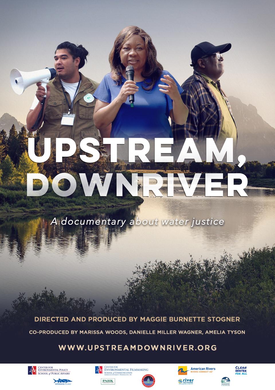 Three figures, a powerful strong woman flanked by two men, float above the film title (Upstream, Downriver) set above a shimmering river.
