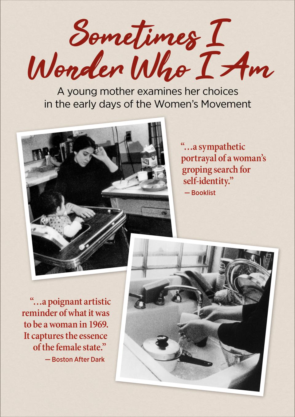 "Sometimes I wonder Who I Am" title floats above two photos, one a woman sitting at a dining table with a child looking contemplative and the other photo is hands washing in a kitchen sink. 