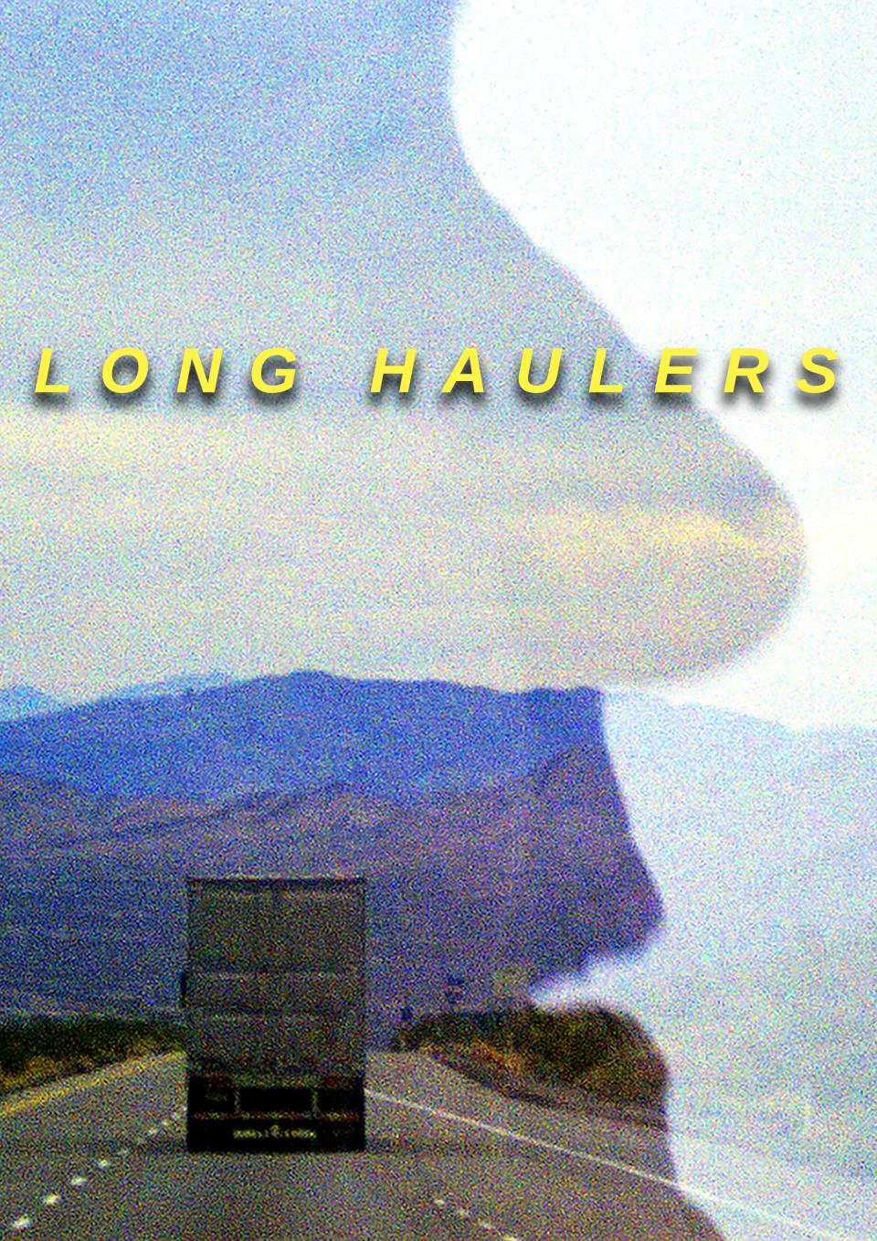 The back of a semi truck as it drives down a deserted highway towards a distant mountain range. The outline of a face cuts across the image and the title floats above "Long Haulers"
