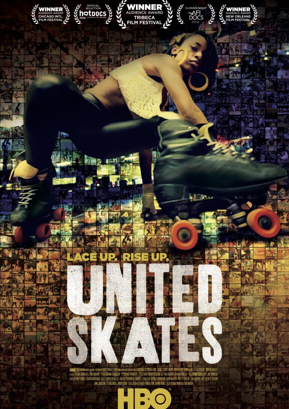 An African American woman leans low on a pair of roller skates atop a series of indistinguishable photos creating a color gradient in the background. The title "Lace Up. Rise Up. United Skates" is positioned above the HBO logo.