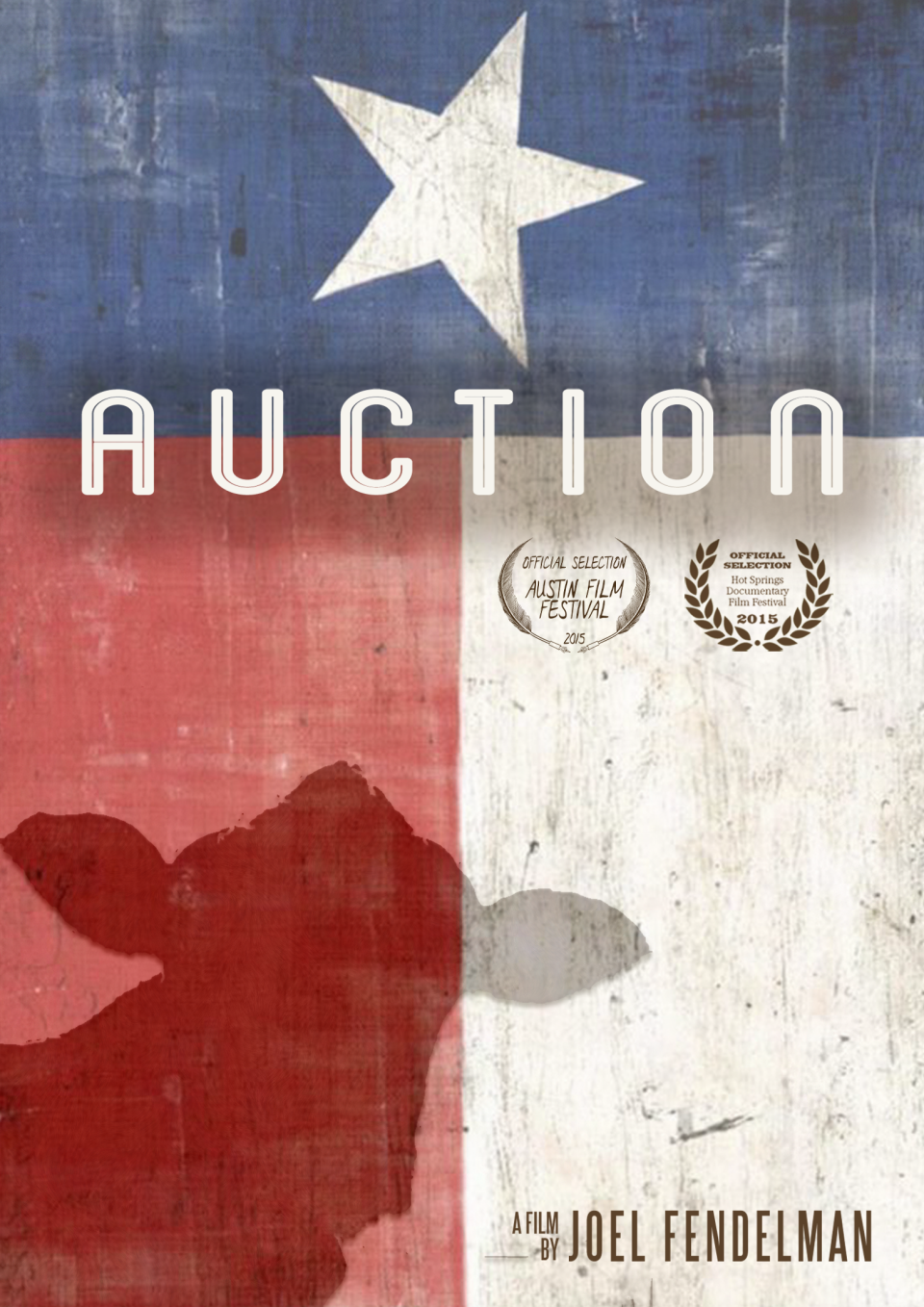 The background is a Texas flag, a large white star sits atop a blue strip with two perpendicular white and red stripes below. The title "Auction" floats above the image of a silhouette cow.