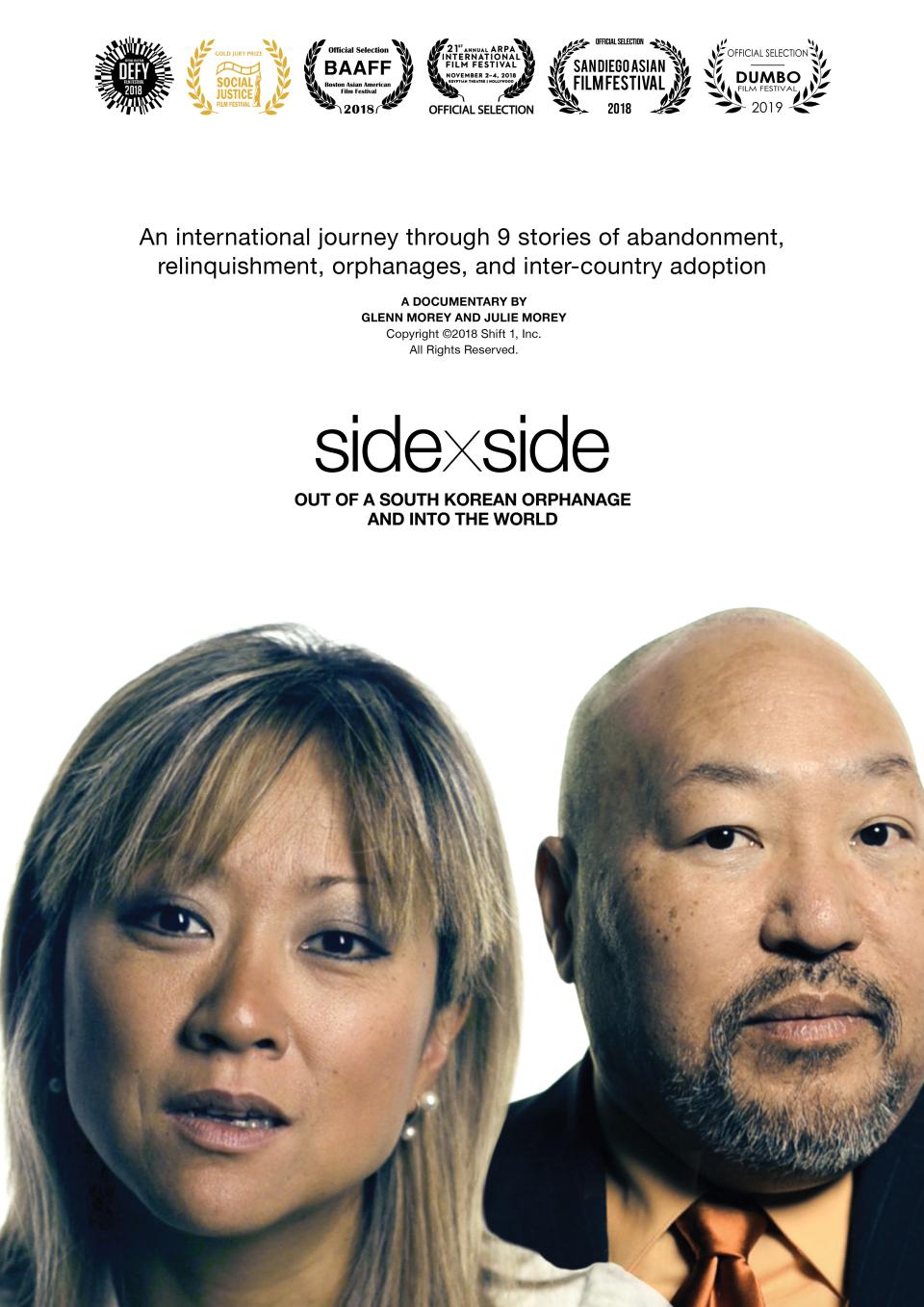 Two people fill the bottom of the frame, a woman on the left and a man on the right. The title "sidexside" and subtitle "Out of a South Korean Orphanage and into the World" appear in the middle of the frame. At the top are several film festival laurels. 