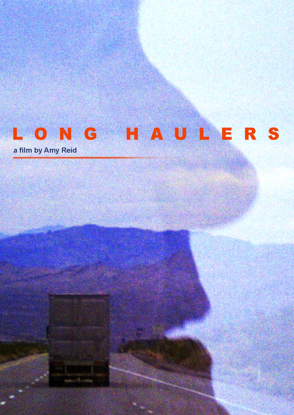 The back of a semi truck as it drives down a deserted highway towards a distant mountain range. The outline of a face cuts across the image and the title floats above "Long Haulers"