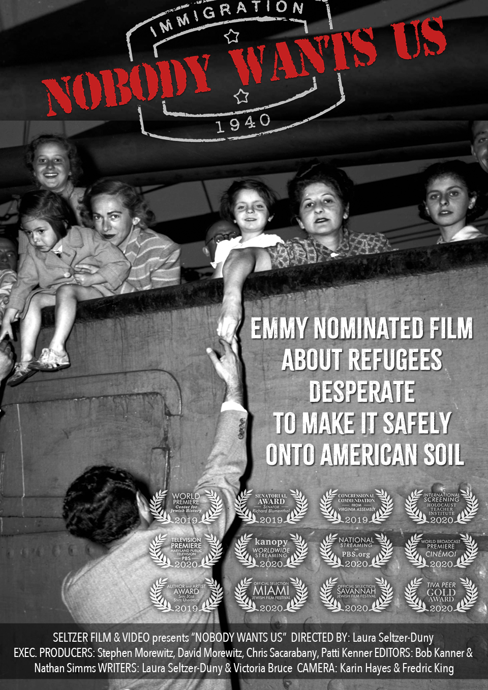 NOBODY WANTS US poster with Holocaust refugees on ship. Woman reaching down to her husband on land.