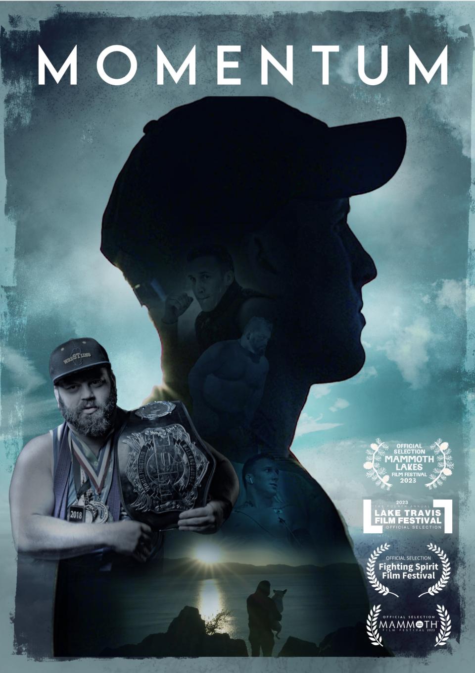 A dark and shadowy figure in a baseball cap centers in the frame, grey and ominous clouds surrounding. In the lower left corner a grey'ed out figure holds a wresting trophy belt. The work "Momentum" resonates at the top of the frame. 