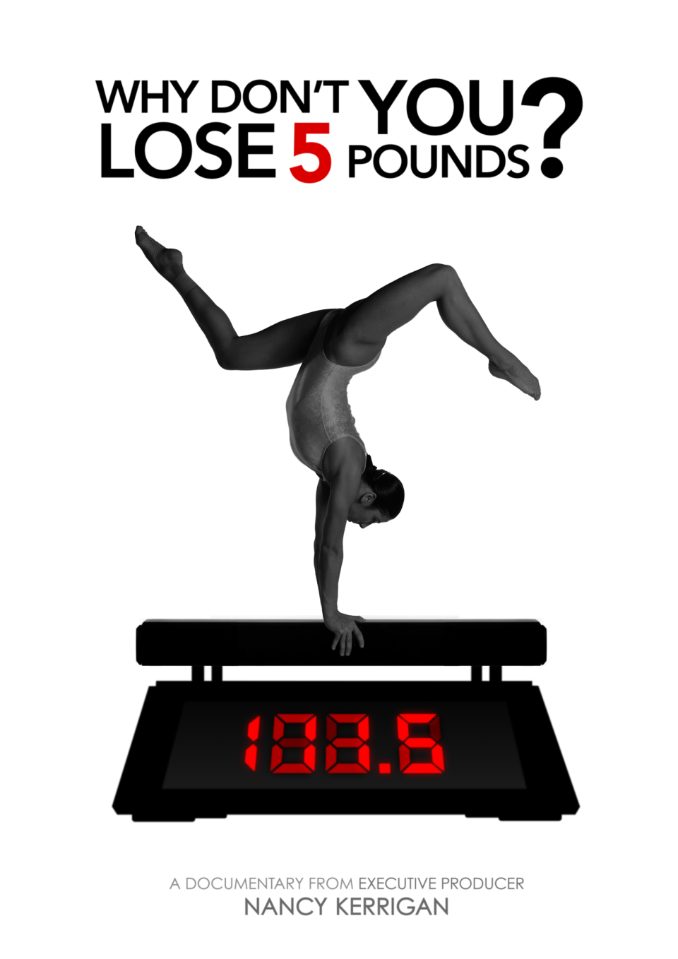 A cut-out, black and white photo of a gymnast on performing a handstand on a balance beam is placed above a scale with the numbers 101.5. The title of the film floats above this image. 