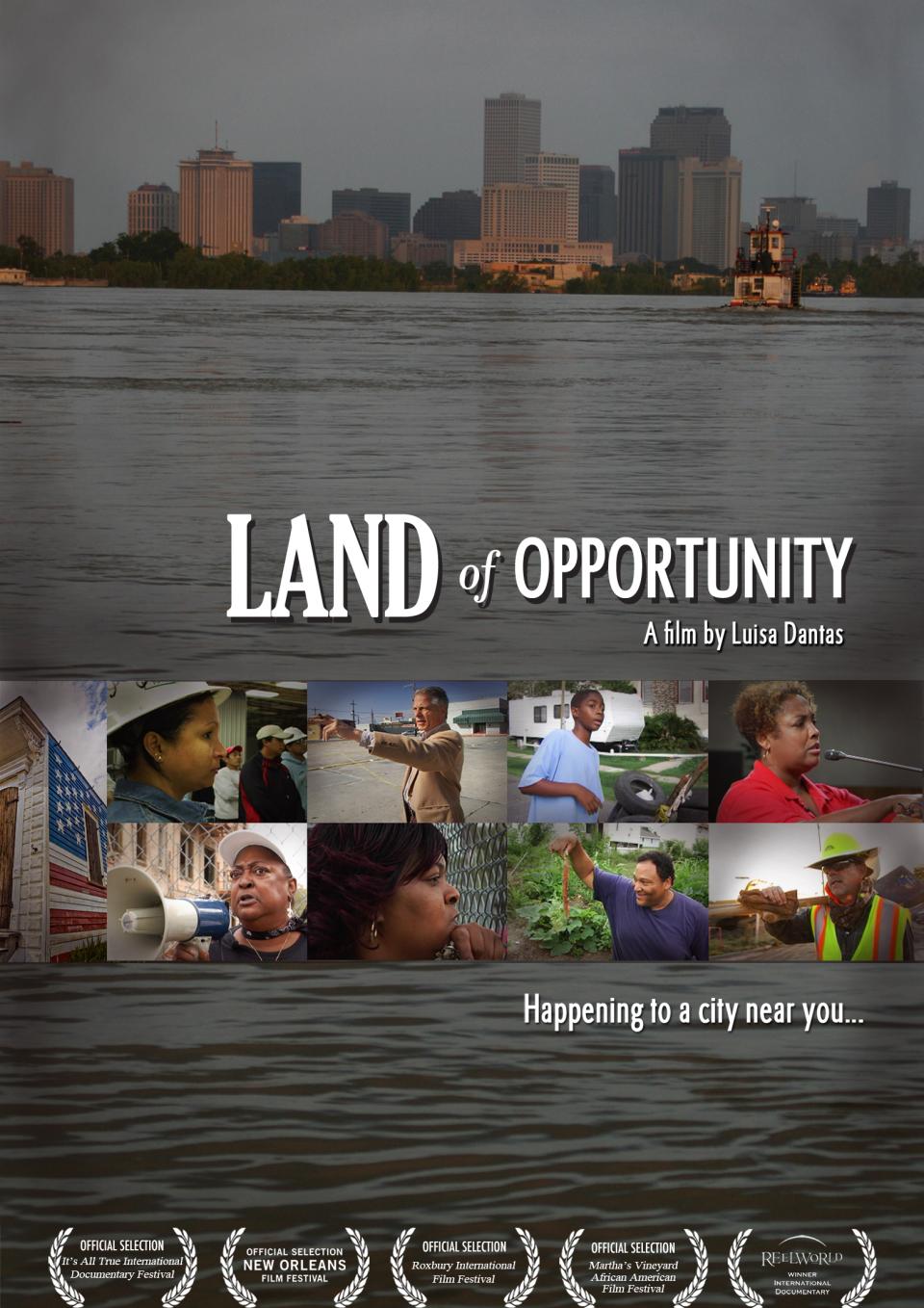 A montage of diverse residents of New Orleans layered over the city's skyline and the Mississippi river.
