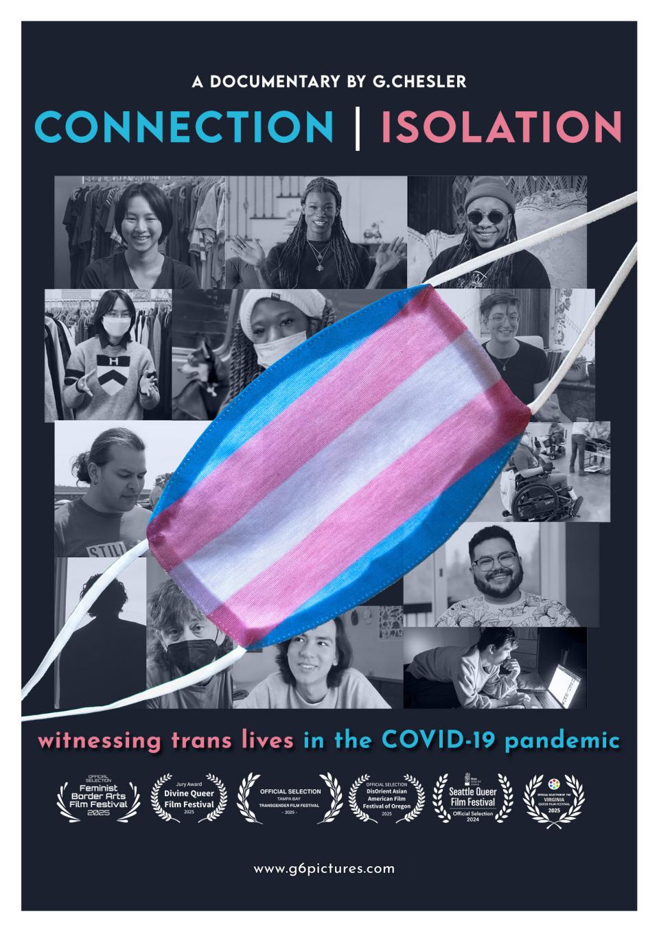 A cloth mask in the trans flag crosses the image. Behind, B&W images of trans participants. Some smile at the camera, others wear masks, one is in silhouette.