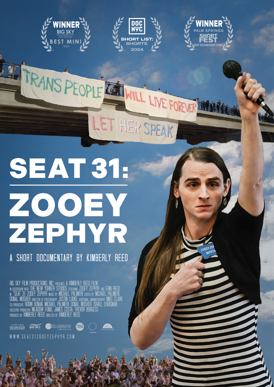 Poster for Seat 31: Zooey Zephyr shows Zephyr, a white trans woman holding a microphone high with one hand, her other hand clenched near her heart. Collaged behind her is a high-up bridge lined with pepole holding signs with "Trans people will live forever. Let her speak." Crowds gather below the bridge. Festival laurels adorn the top of the poster.